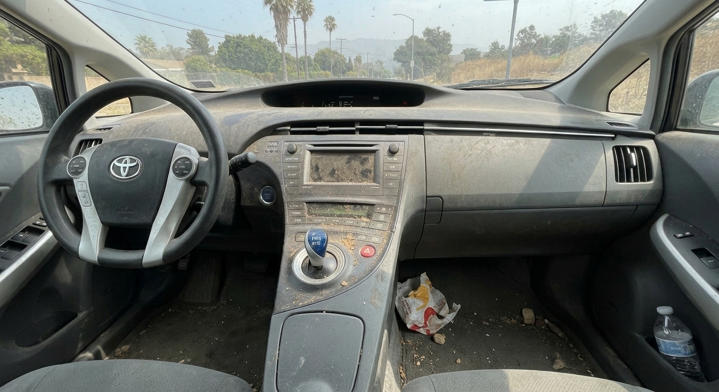Interior car buildup in Canoga Park: dust, pollen, food debris, pet hair, and bacteria between washes