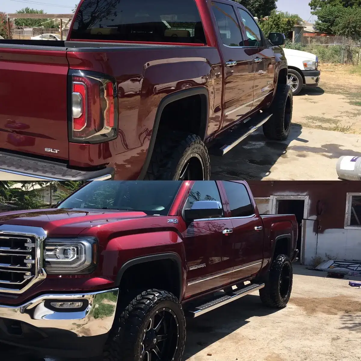 A red truck in front of a house gets mobile car detailing from Armando King Mobile Detailing.